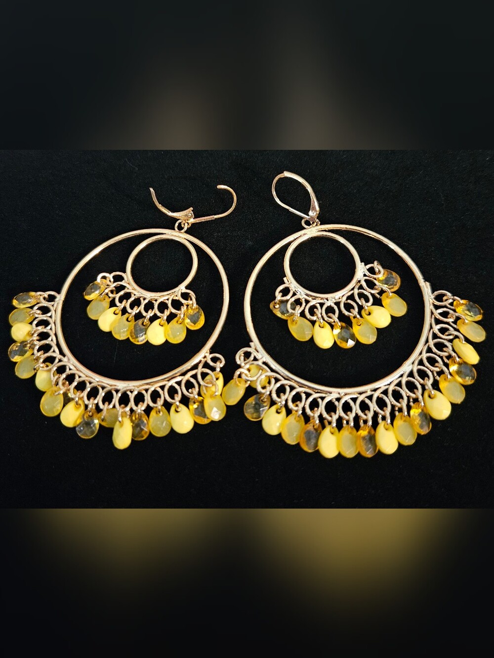 Gold Hoop Dangle Earrings with Yellow Bead Accents